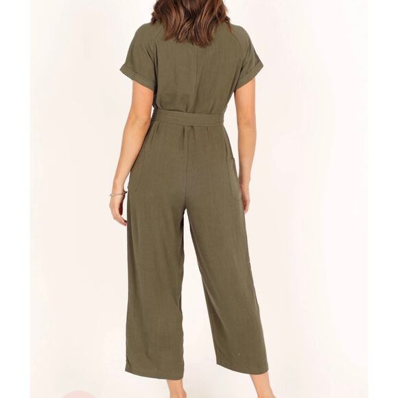 Petal And Pup Archie Linen Jumpsuit Olive Button Front Tie Waist Size 6 Womens - Picture 3 of 10